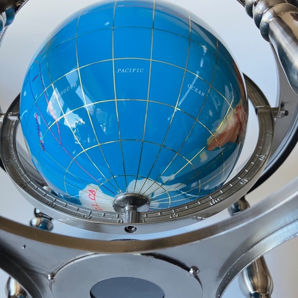 Vintage Gemstones World Globe: Lapis Lazuli Ocean, Silver Metal Stand, Compass - Picture 4 of 17